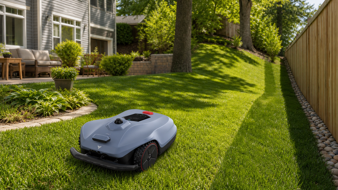 HOOKII Neomow X2 style robot mower in a backyard with different yard types